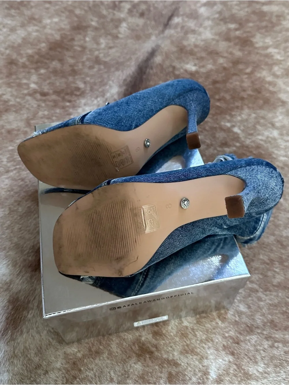 Frayed Denim Peep-Toe Stiletto Ankle Boot - Blue - Picture 7 of 8